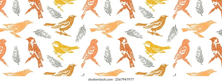 Pattern of orange silhouettes of wild forest birds and fir branches. Songbirds, tit, grosbeak, goldfinch and oriole. Yellow and orange fabric engraving of nature motifs. Seamless vector background.