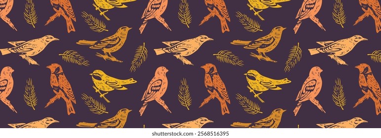 Pattern of orange silhouettes of wild forest birds and fir branches. Songbirds, tit, grosbeak, goldfinch and oriole. Yellow and orange fabric engraving of nature motifs. Seamless vector background.