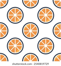 Pattern of orange slices is shown in a white background. The slices are arranged in a circular pattern, with each slice having a blue outline. Scene is cheerful and bright