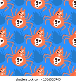 Pattern with orange spiders crosses on blue background for Halloween, Day of the Dead. For fabric, textile, background, Wallpaper, postcards, wrapping paper.