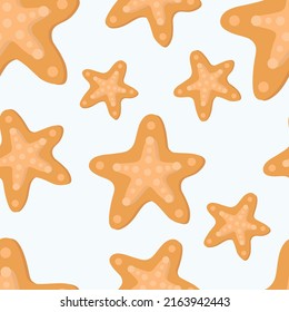 Pattern of orange starfish. Vector marine theme pattern.