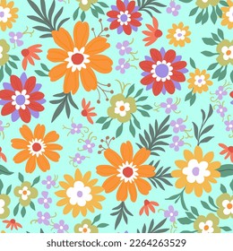 A pattern of orange-red, green and purple flowers with green leaves on a bright turquoise background.