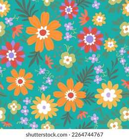 A pattern of orange-red, green and purple flowers with green leaves on an emerald background. Cute floral aesthetic composition for wallpaper, print, poster, postcard, phone cases, banner, fabric, tex