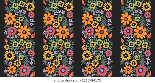 A pattern of orange-red, green and purple flowers with green leaves on a black background.