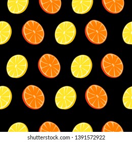 Pattern oranges, lemons on a black background.
