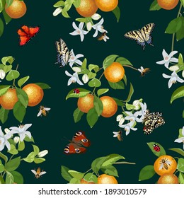 Pattern with oranges on a colored background.Branches of oranges, bees and butterflies on a colored background in a seamless pattern.