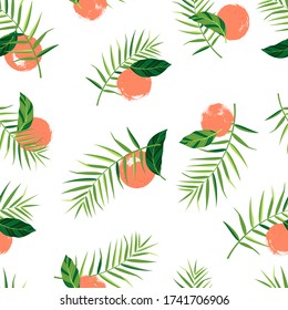 Pattern with oranges and palm leaves on white background. Vector isolated illustration of summer. Tropical seamless wallpaper. For web design, banners, scrapbooking, printing on fabric, wrapping.