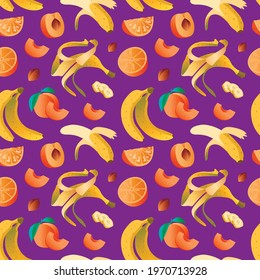 pattern with oranges, peaches and bananas. digital banana pattern. colourful fresh fruit and juice vector background.fruit background illustration for textile and package. fruit pattern