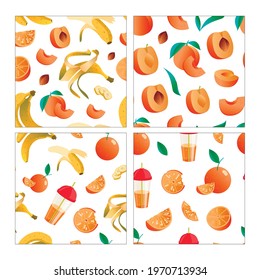 pattern with oranges, peaches and bananas. digital banana pattern. colourful fresh fruit and juice vector background.fruit background illustration for textile and package. fruit pattern