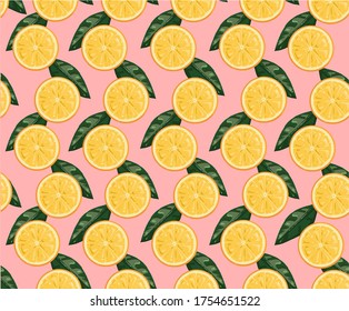 A pattern of oranges. Vector hand drawn illustration with  fruit and leaves , wallpaper on pink background  for packages