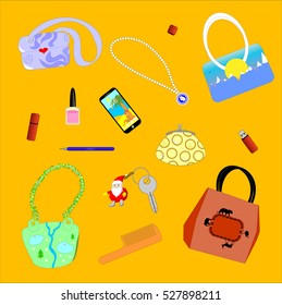 The pattern with orange-yellow background, with women's handbags and their contents: a mobile phone, purse, key with trinket, flash card, pen, jewelry, nail polish, comb