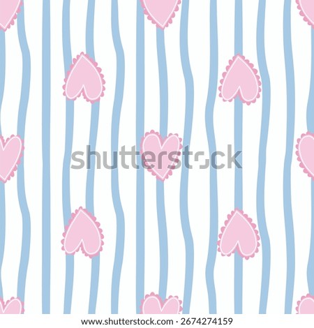Pattern with organic, asymmetrical blue stripes. Delicate pink hearts.