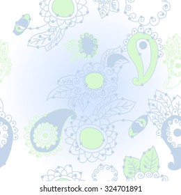 Pattern  of oriental  and floral motif, ellipses, waves, leaves, spirals. Hand drawn, delicate.