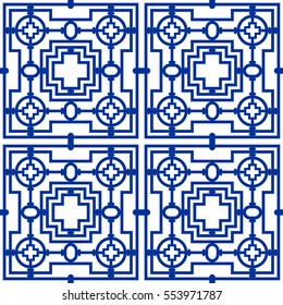 Pattern for oriental gate, window screen, divider partition- seamless editable vector background wallpaper tile (Blue)