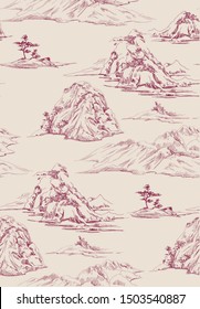 Pattern with oriental landscape with mountains and hills,oriental nature in toile de jouy style, red elements on beige background