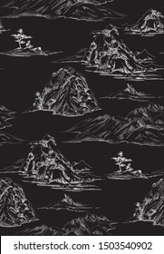 Pattern with oriental landscape with mountains and hills,oriental nature in toile de jouy style, white elements on blackbackground