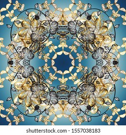 Pattern oriental ornament. Golden pattern on blue and gray colors with golden elements. Vector golden textile print. Islamic design. Floral tiles.