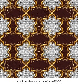 Pattern oriental ornament. Golden pattern on brown background with golden elements. Floral tiles. Islamic design. Vector golden textile print.