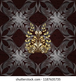 Pattern oriental ornament. Islamic design. Vector golden textile print. Golden pattern on brown, gray and black colors with golden elements. Floral tiles.