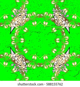 Pattern oriental ornament. Vector golden textile print. Islamic design. Floral tiles. Golden pattern on green background with golden elements.