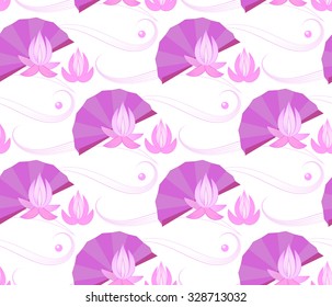 The pattern in oriental style with flowers of lotus and pink fans. Fans floating on the water surface, which is displayed in the form of waves.