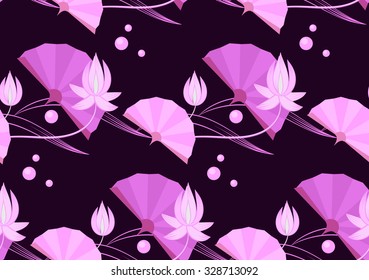 The pattern in oriental style with flowers of lotus and pink fans. Fans floating on the water surface, which is displayed in the form of waves.