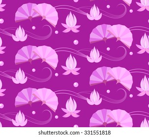 The pattern in oriental style with flowers of lotus and pink fans. Fans floating on the water surface, which is displayed in the form of waves.