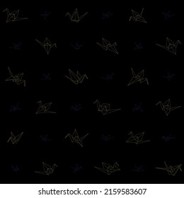 Pattern of origami crane vector dashed illustration on black background. Japanese traditional origami crane print for fabric and wallpaper. Geometric line shape for art of folded paper.