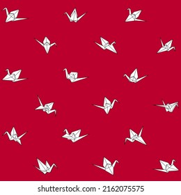 Pattern of origami crane vector silhouette illustration isolated on red background. Japanese traditional origami crane print for fabric and wallpaper. Line shape for art of folded paper.