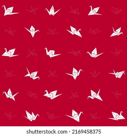 Pattern Of Origami Crane Vector Silhouette Illustration Isolated On Red Background. Japanese Traditional Origami Crane Print For Fabric And Wallpaper. Line Shape For Art Of Folded Paper.