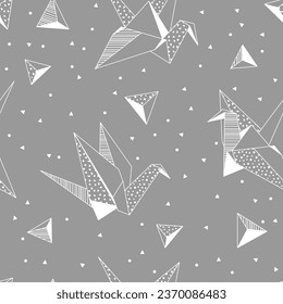 Pattern with origami cranes. Paper symbolic decorative objects.