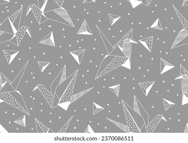 Pattern with origami cranes. Paper symbolic decorative objects.