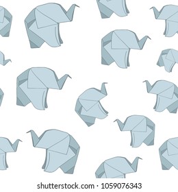 A pattern with origami elephants. Line drawing. Vector image. Design. Simple minimalistic stylization. Blue elements on white background. Asian style. Children's theme. Zoology. An African animal.