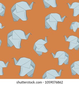 A pattern with origami elephants. Line drawing. Vector image. Design. Simple minimalistic stylization. Blue elements on an orange background. Asian style. Children's theme. Zoology. An African animal.