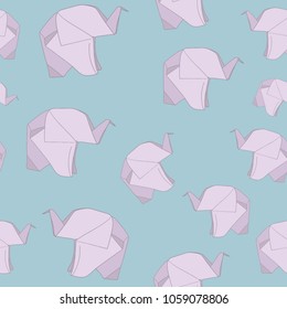 A pattern with origami elephants. Line drawing. Vector image. Design. Simple minimalistic stylization. Pink elements on a blue background. Asian style. Children's theme. Zoology. An African animal.