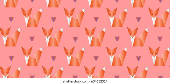 Pattern with origami fox and hearts on the pink background