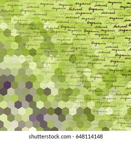 Pattern with the original lettering Organic and Natural on a green low poly background.