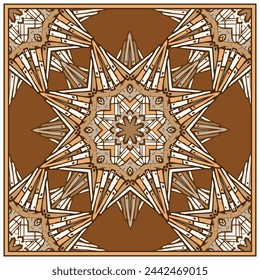 Pattern with an original ornament in the form of a star-shaped mandala. Design for bandana, neckerchief, blanket, tablecloth and more. Brown palette. Vector illustration