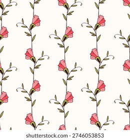 Pattern ornament blooming Convolvulus with pink buds. Bindweed flowers and branches are hand drawn on light background.