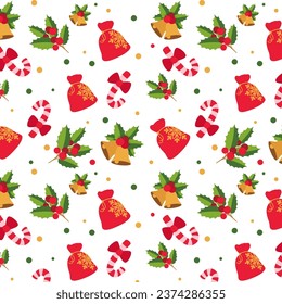 Pattern or ornament with Christmas symbols vector illustration. Cartoon pattern with golden bells, mistletoe, candy canes, bag with gifts. Christmas, winter holidays, decoration, celebration concept