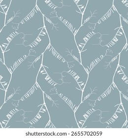 Adorno de patrón de ramas de guisantes rizados, hojas y zarcillos de plantas. Siluetas blancas de estampados de ramas sobre fondo azul. Textil.