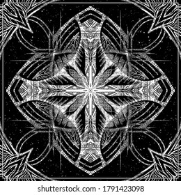 Pattern, ornament, decor, graphic abstraction similar to a cross or star, symmetrical square, geometric background, architecture cover in the style gothic with arches, in black and white colors.