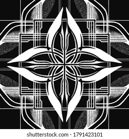 Muster, Verzierungen, Dekoration, grafische Abstraktionen, die einer Blume oder einem Stern ähneln, symmetrisches Quadrat, geometrischer Hintergrund, dunkle Architektur mit Bögen in Schwarz-Weiß-Farben.