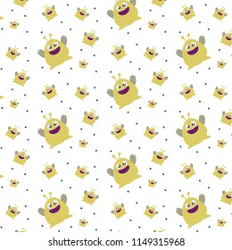 Pattern ornament with funny cute yellow monster on white background