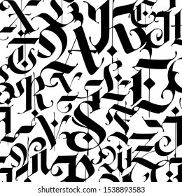 Pattern, ornament in the Gothic style. Vector. Alphabet. Symbols are black on a white background. Calligraphy and lettering. Medieval Latin letters. Logo for the company. Set. Elegant font for tattoo.