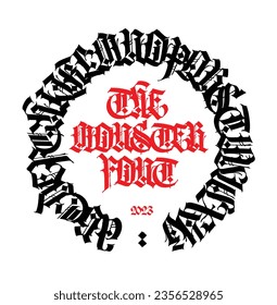 Pattern, ornament in the Gothic style. Vector. Gothic Old Germanic font. Alphabet. Medieval latin letters in a circle. Calligraphy and lettering. Design for fabrics and packaging.