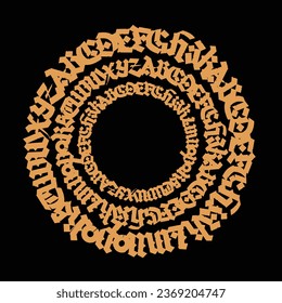 Pattern, ornament in the Gothic style. Vector. Gothic Old Germanic font. Alphabet. Medieval latin letters in a circle. Calligraphy and lettering. Design for fabrics and packaging.