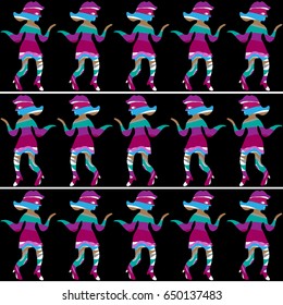 Pattern with ornament from multicolored funny silhouettes of dancing girls on a black background. Vector for design.