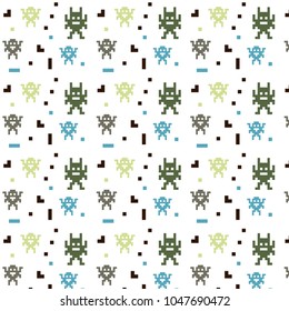Pattern ornament with pixel art green blue and gray monsters
