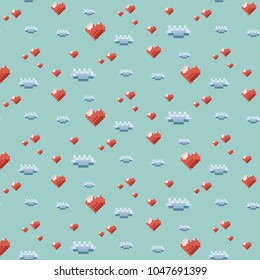 Pattern ornament pixel art with orange heart and blue cloud on blue background